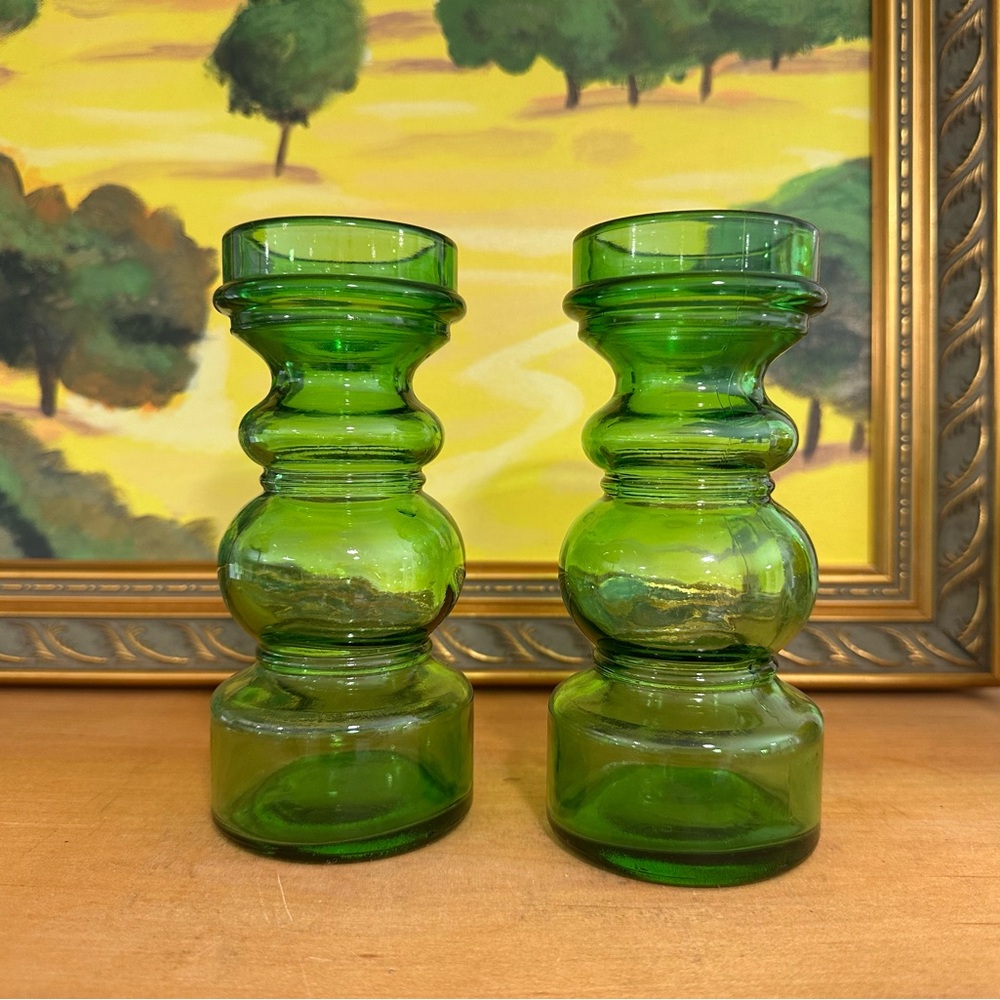Vintage Pair Green Glass Vases Made in Italy